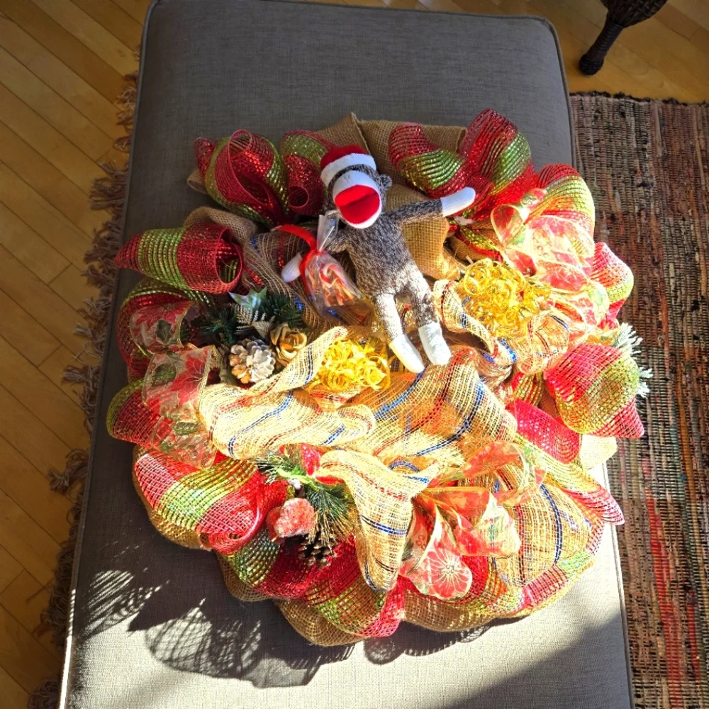 Handcrafted Burlap & Mesh Sock Monkey 24
